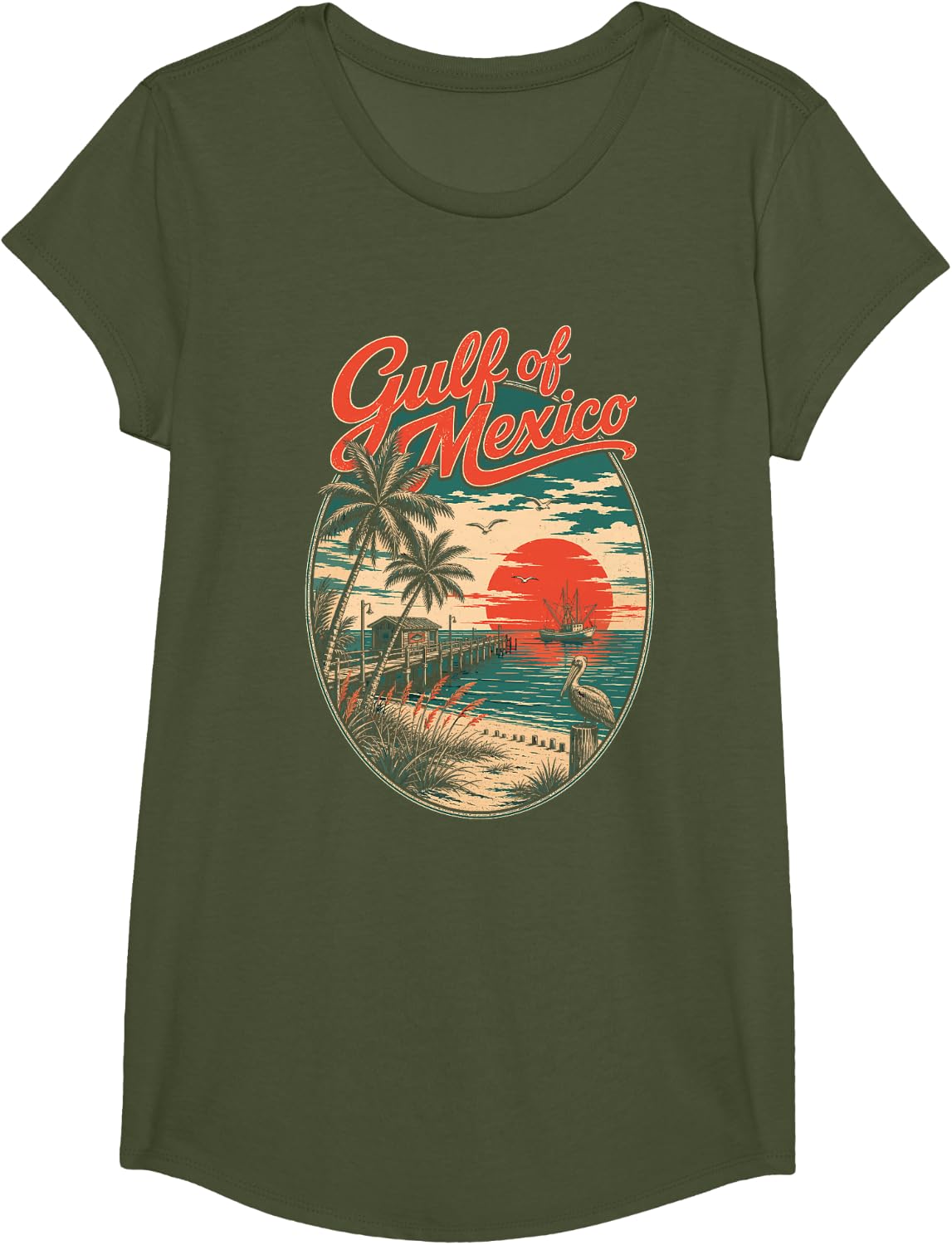 Gulf of Mexico Retro Beach Pier Sunset Vintage Souvenir T-Shirt - Girls Olive Green