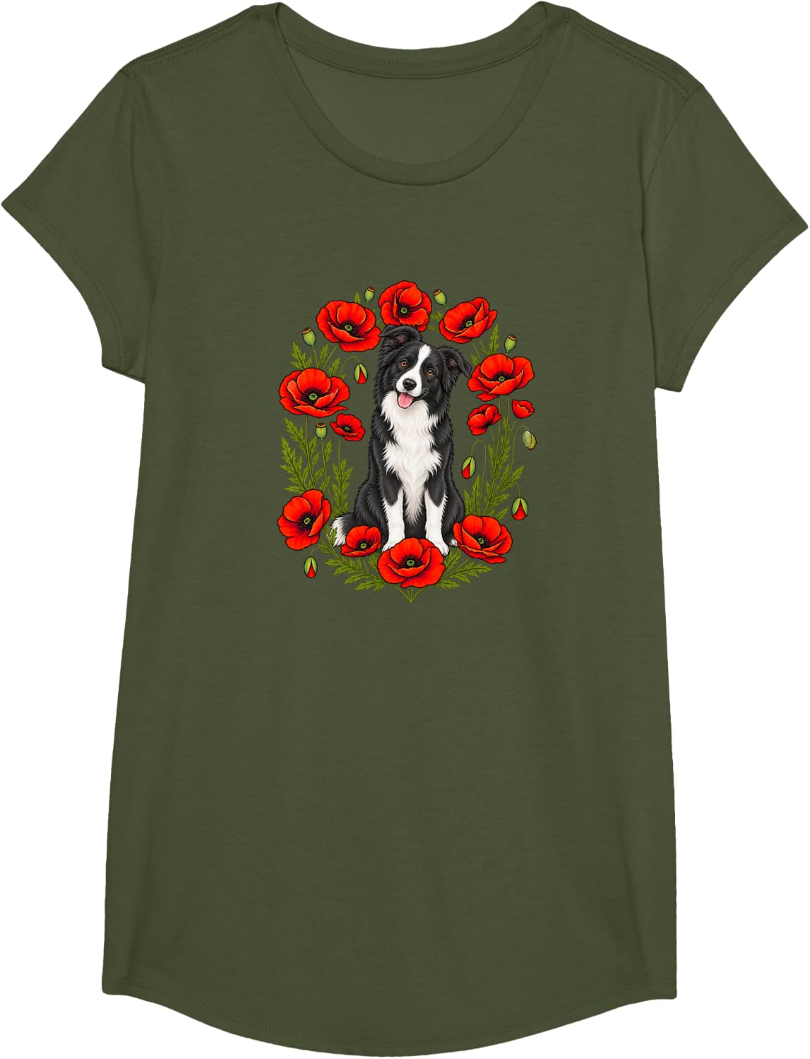 Womens Girls Flower Floral Black & White Border Collie Lover T-Shirt - Girls Olive Green