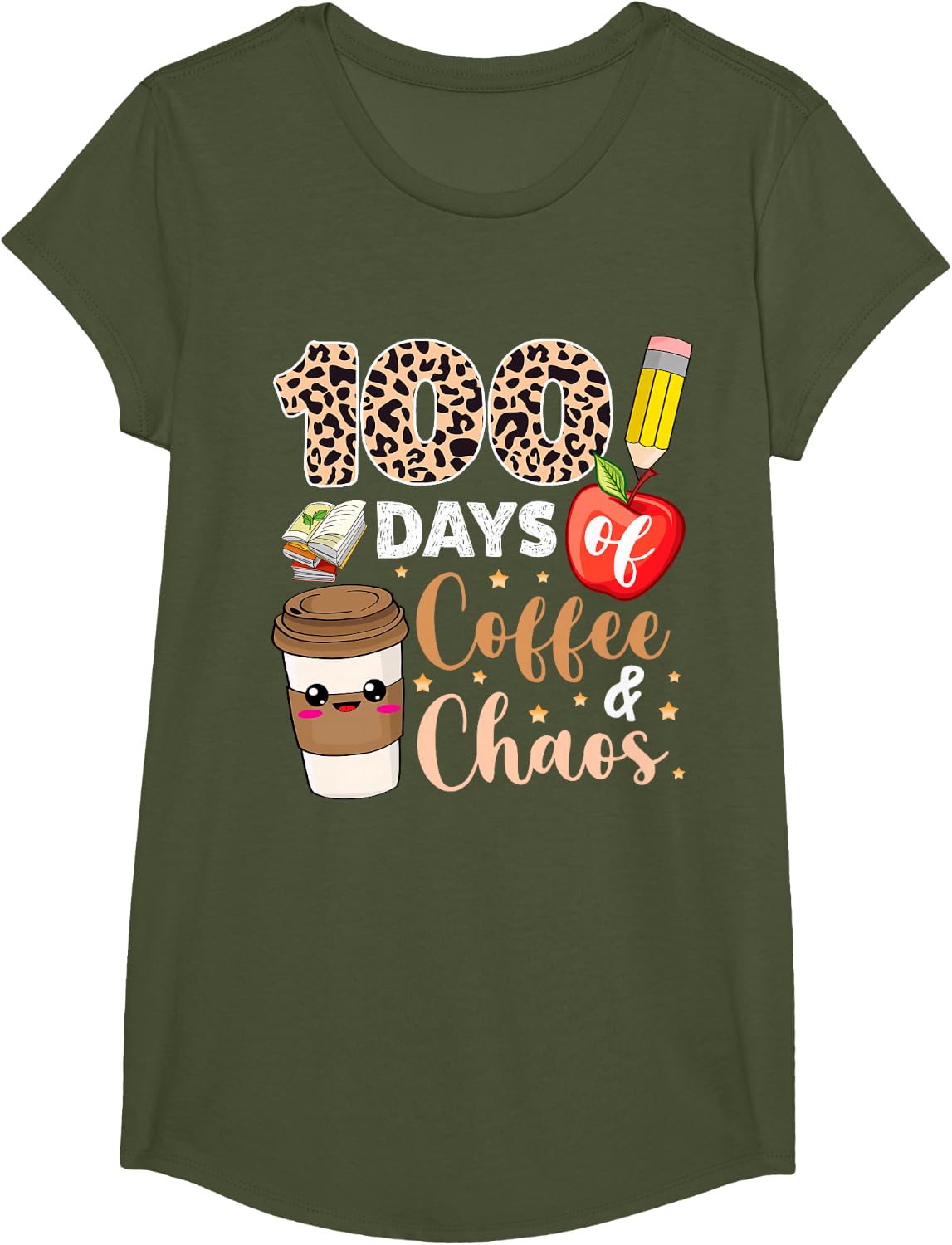 100 Days of Coffee Chaos Shirt 100th Day of School Teachers T-Shirt - Girls Olive Green
