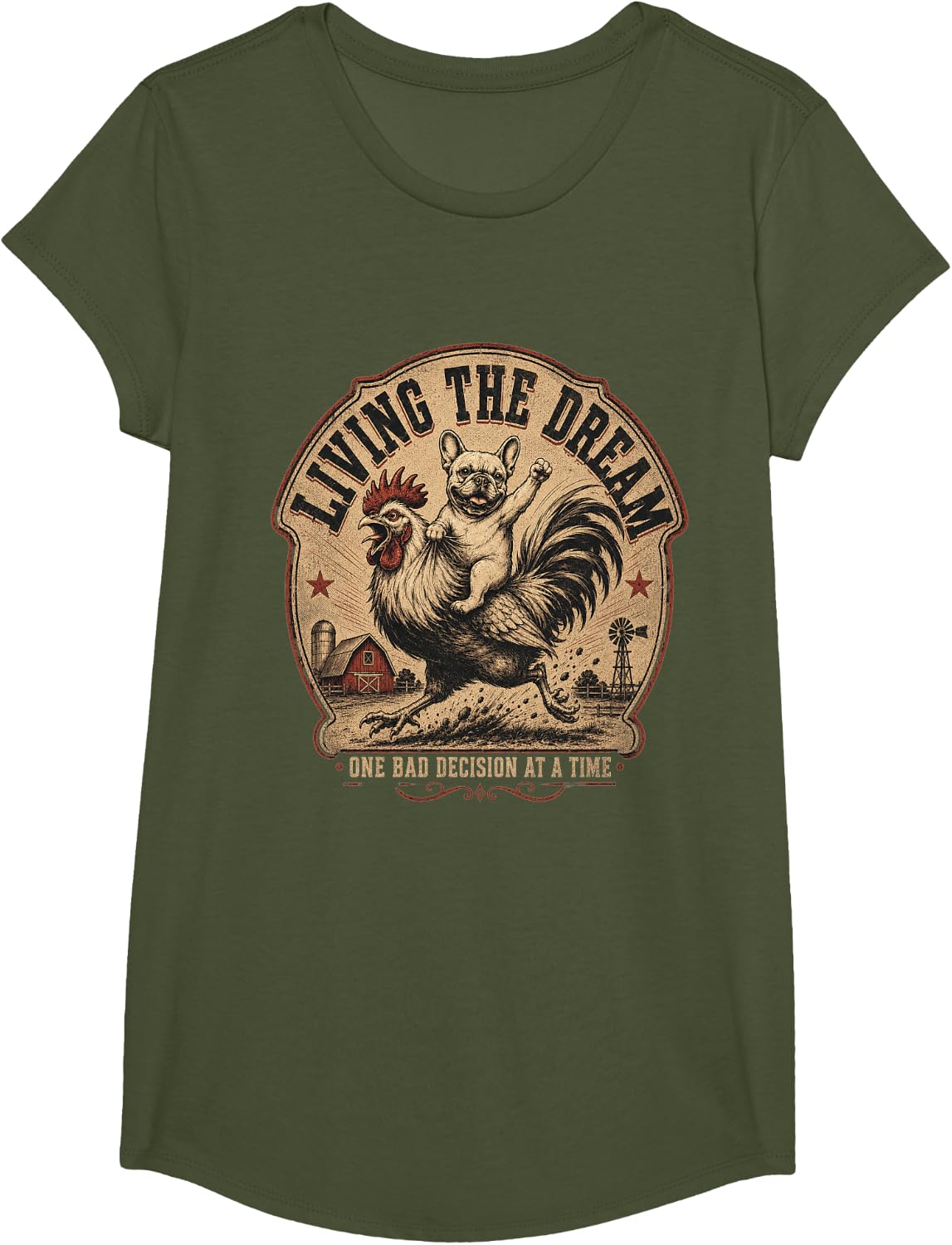 Funny French Bulldog Riding Rooster Shirt Living The Dream Farm Tees T-Shirts for Men Women - Girls Olive Green