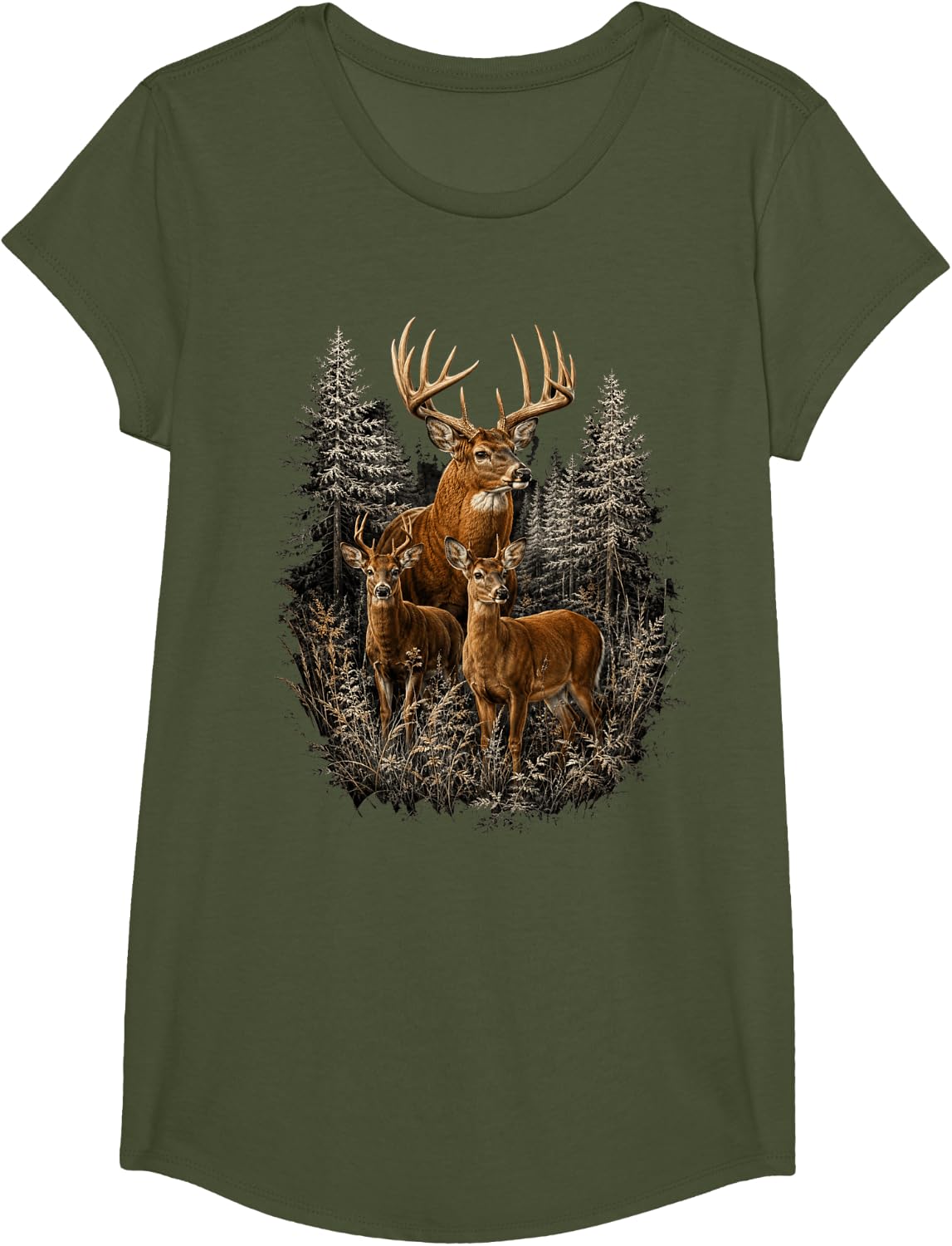 Deer Hunting Shirt Majestic Whitetail Buck Forest Wildlife Hunting Tees T-Shirts - Girls Olive Green