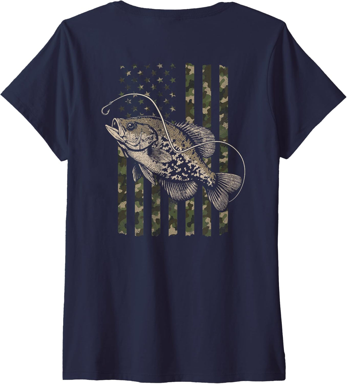 Women's Crappie Fishing Distressed Camo Flag (Design on Back) V-Neck T-Shirt - Navy Blue
