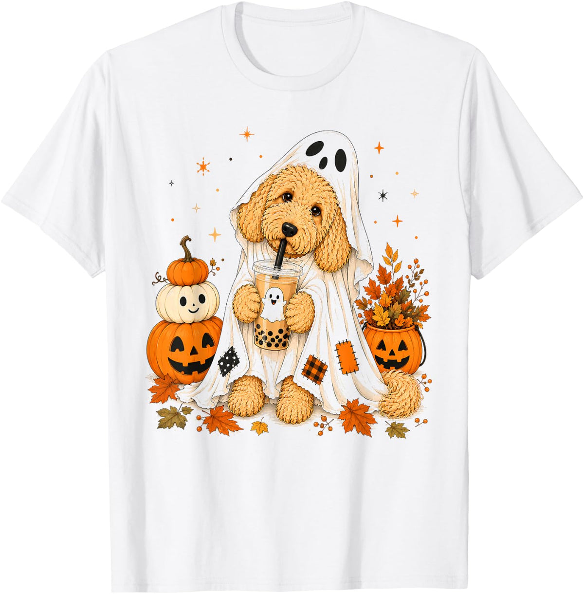 Goldendoodle Ghost and Boba Cute Halloween Dog T-Shirt - White