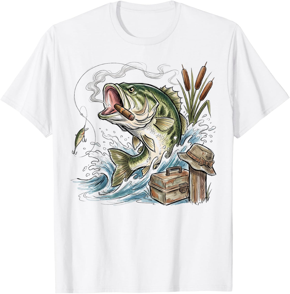 Funny Cigar Smoking Bass Fish Fisherman Tackle Box Humor T-Shirt - White