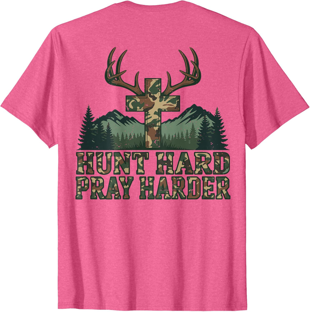 Youth Camo Christian Deer Hunting Cross Hunt Hard Pray Faith Tees T Shirts - Pink Heather