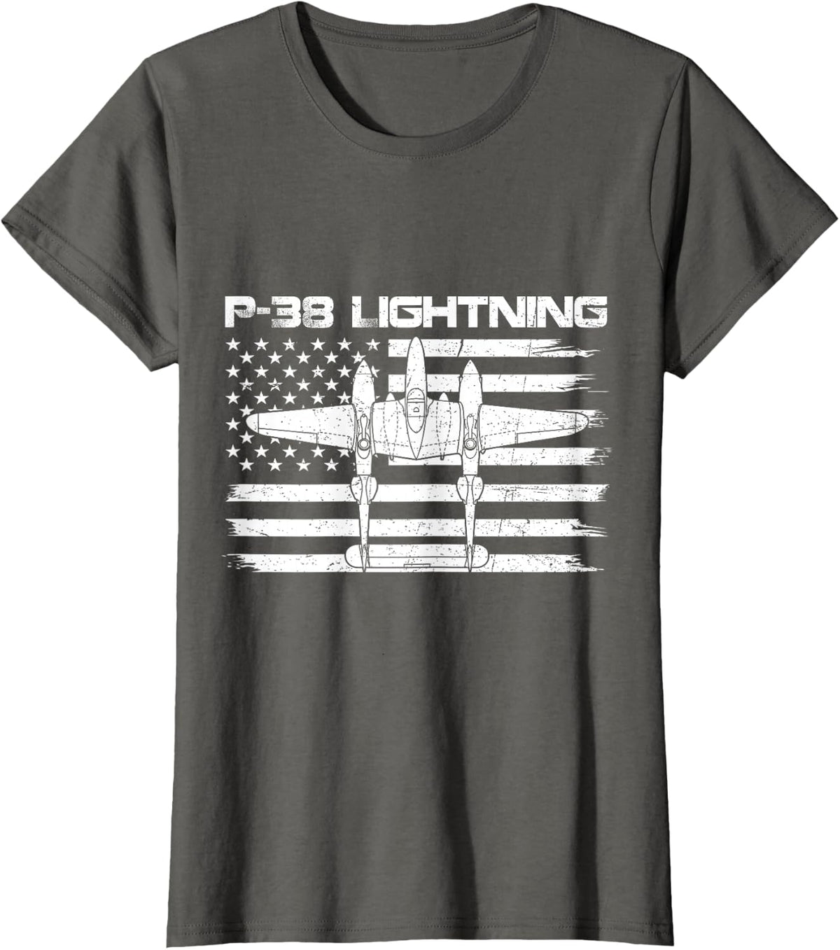 WW2 Aircraft Fighter P-38 Lightning Flag US American T-Shirt - Asphalt Grey