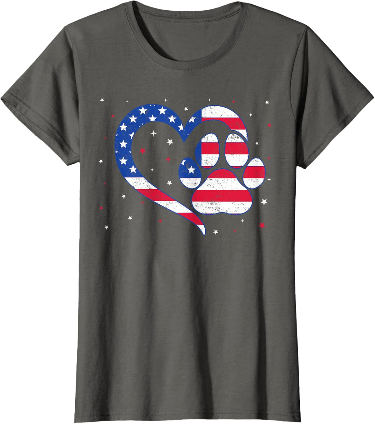 Cat & Dog Paw Heart American Flag Patriotic USA 4th Of July T-Shirt - Asphalt Grey