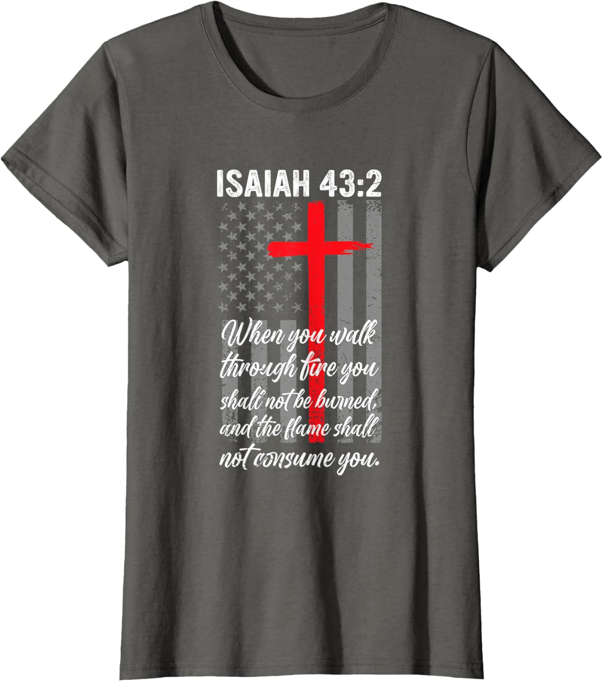 Thin Red Line Firefighter Cross Bible Verse American Flag T-Shirt - Asphalt Grey