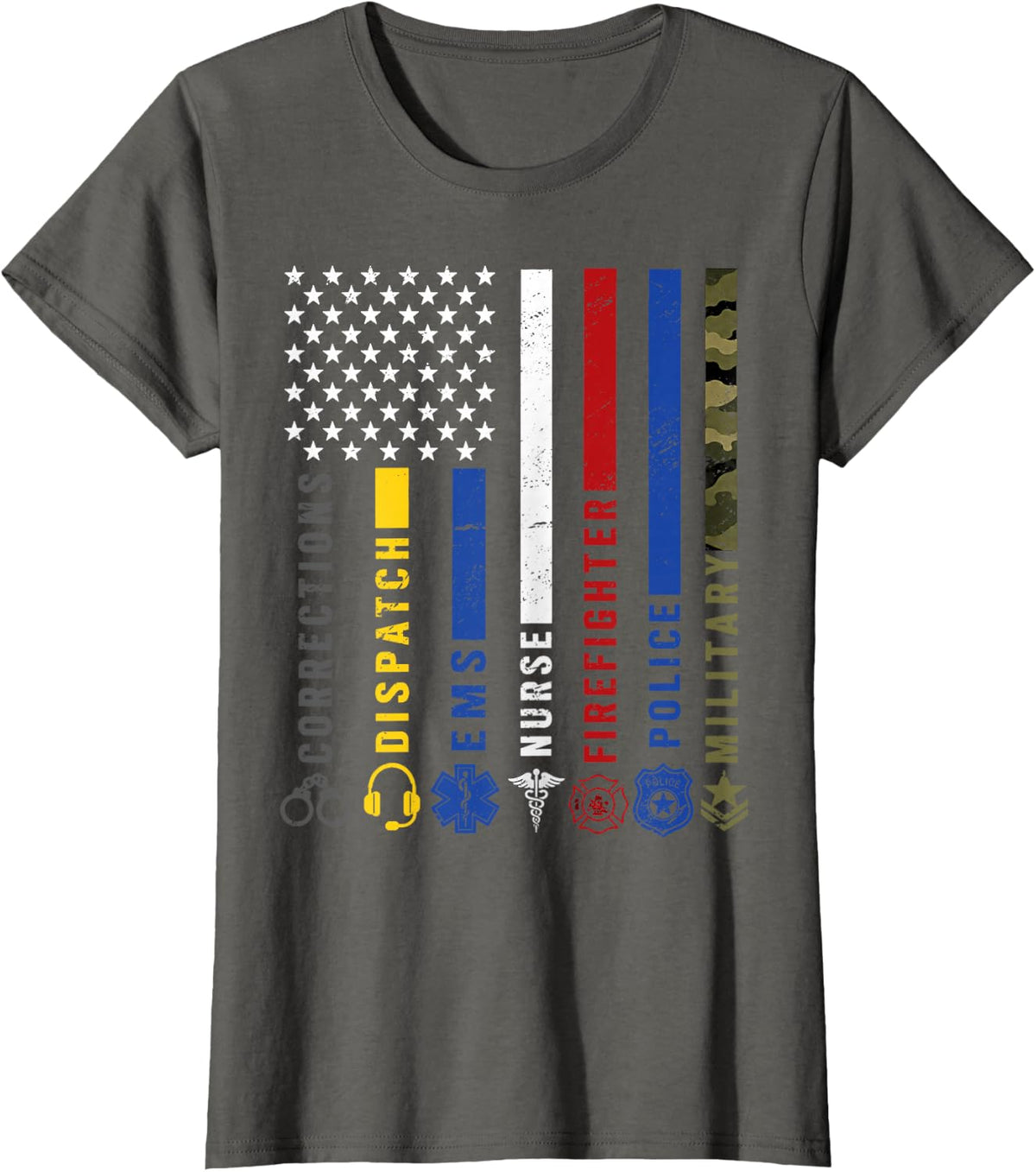 First Responder Hero Flag Dispatch EMS Firefighter Police T-Shirt - Asphalt Grey