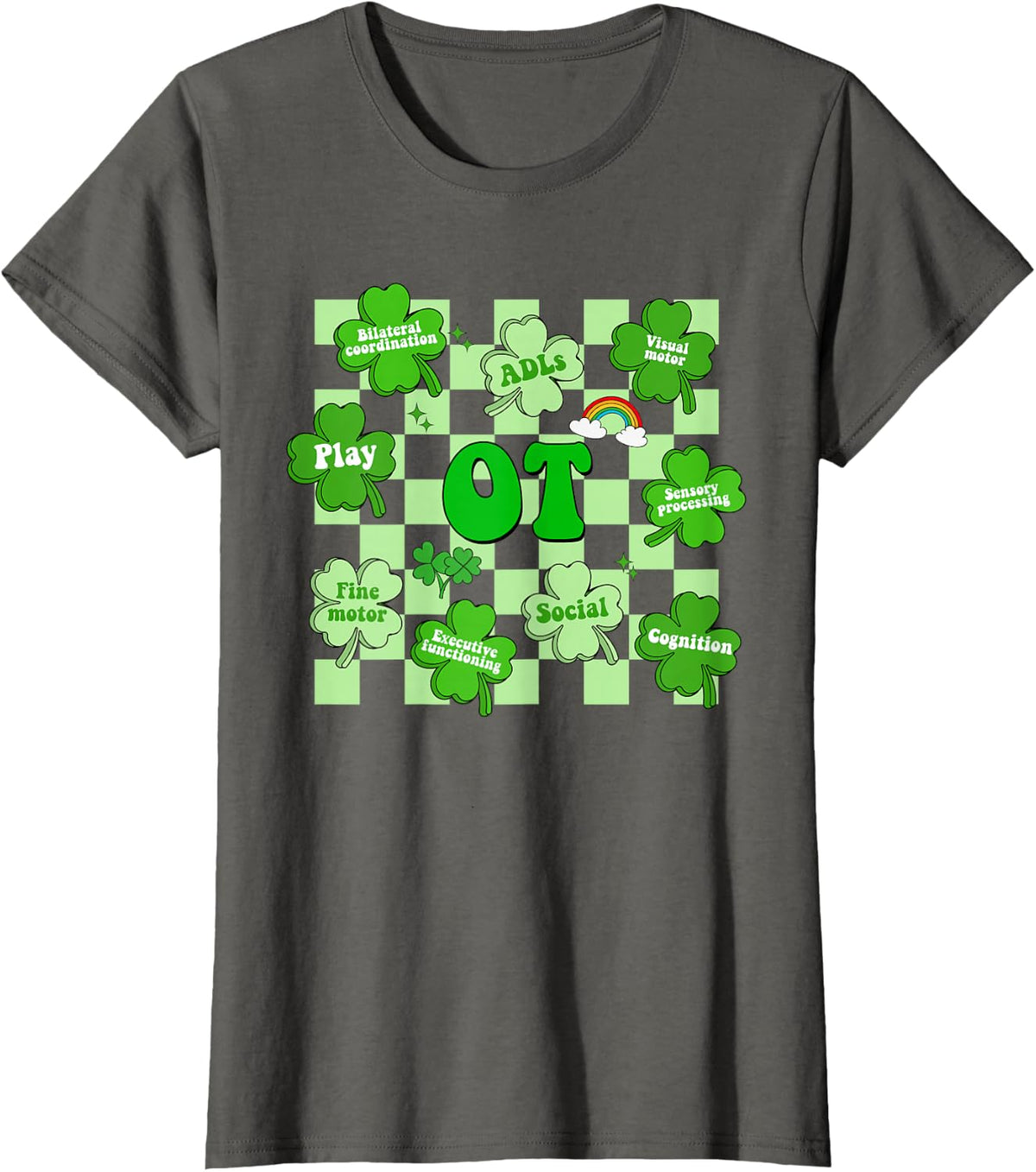 Retro Checkered St Patrick's Day OT Occupational Therapy T-Shirt - Asphalt Grey