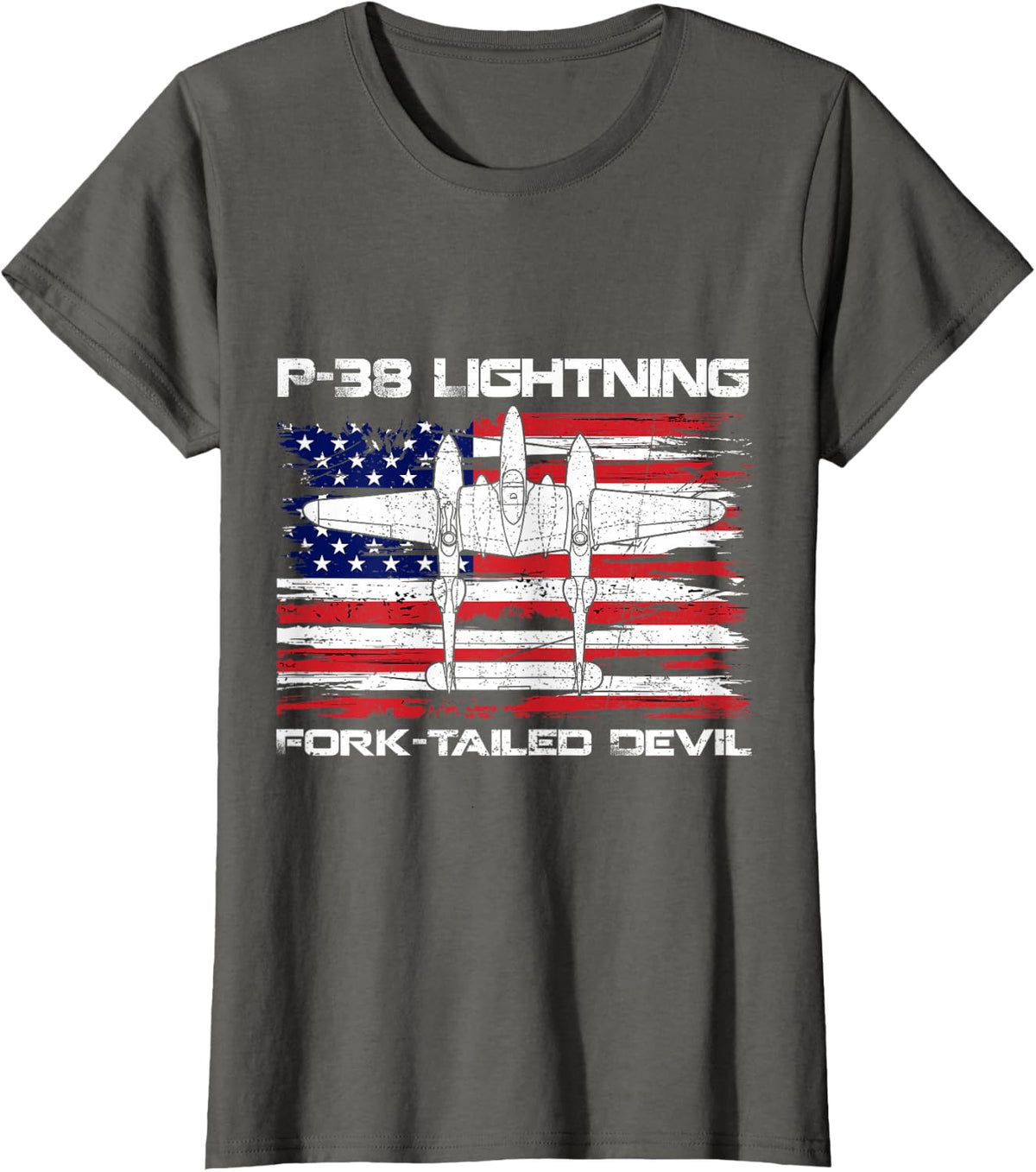 P-38 Lightning Fork-Tailed Devil Flag USA WW2 Aircraft Plane T-Shirt - Asphalt Grey