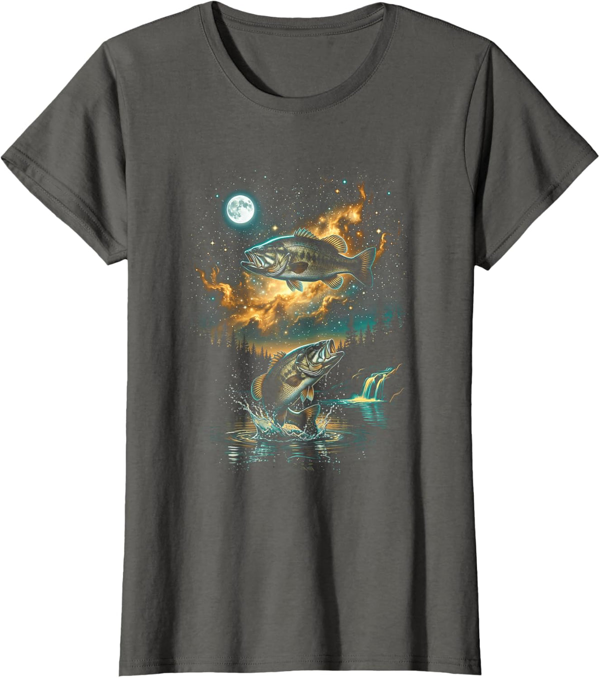 Moonlight Largemouth Bass Fishing Night Lake Angler Fantasy T-Shirt - Asphalt Grey