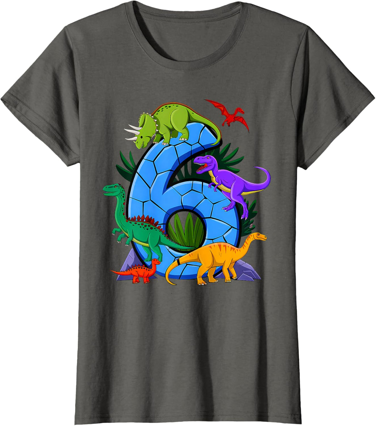 6 Year Old Dinosaur Birthday 6th T Rex Dino Six Saurus T-Shirt - Asphalt Grey