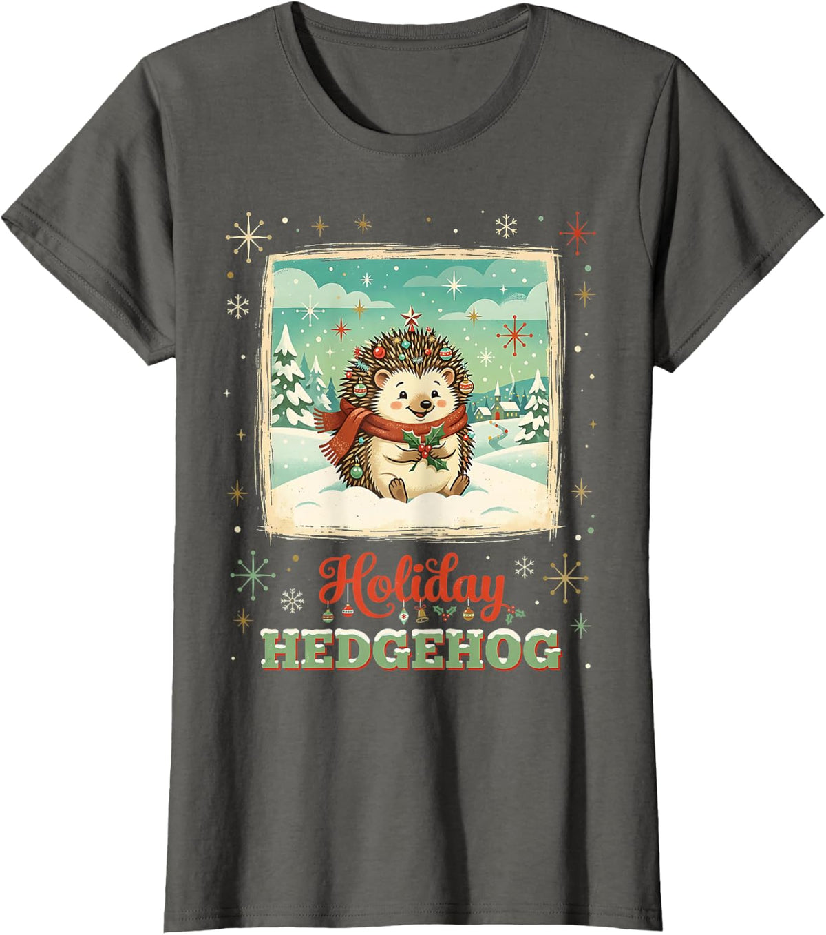 Hedgehog Holiday Ornaments Mistletoe Retro Winter Holiday T-Shirt - Asphalt Grey