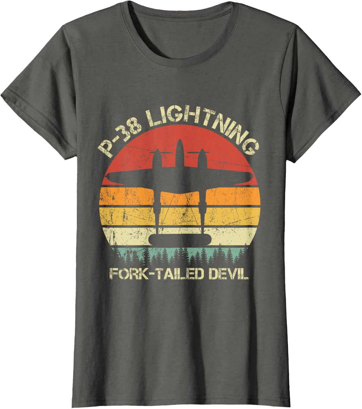 P-38 Lightning Fork-Tailed Devil Vintage WW2 Aircraft Planes T-Shirt - Asphalt Grey