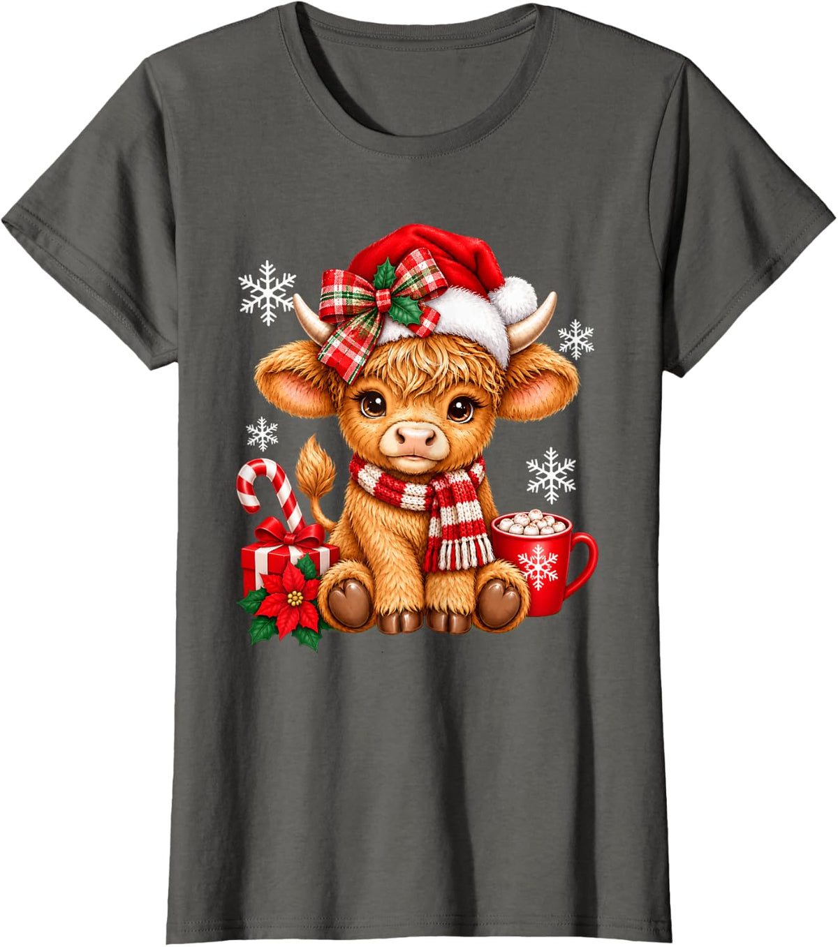 Christmas Highland Cow Pink Bow Cocoa Holiday Design T-Shirt - Asphalt Grey
