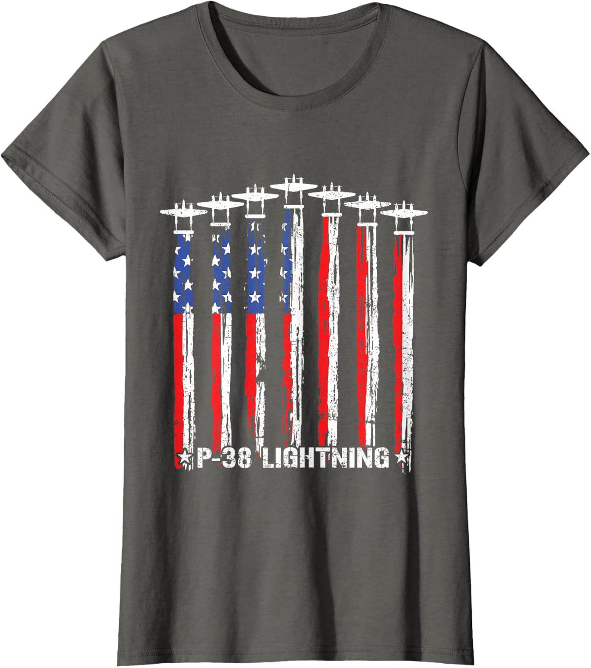 P-38 Lightning WW2 Aircraft Fighter Flag US 4th of July T-Shirt - Asphalt Grey