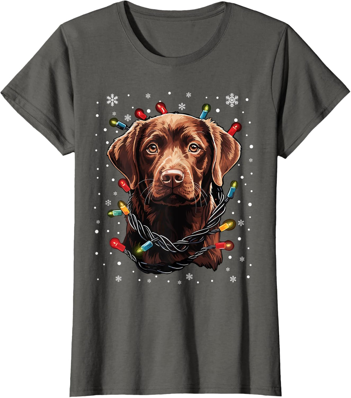 Chocolate Labrador Dog Christmas Lights Santa Hat Xmas Men Women Kids T-Shirt - Asphalt Grey