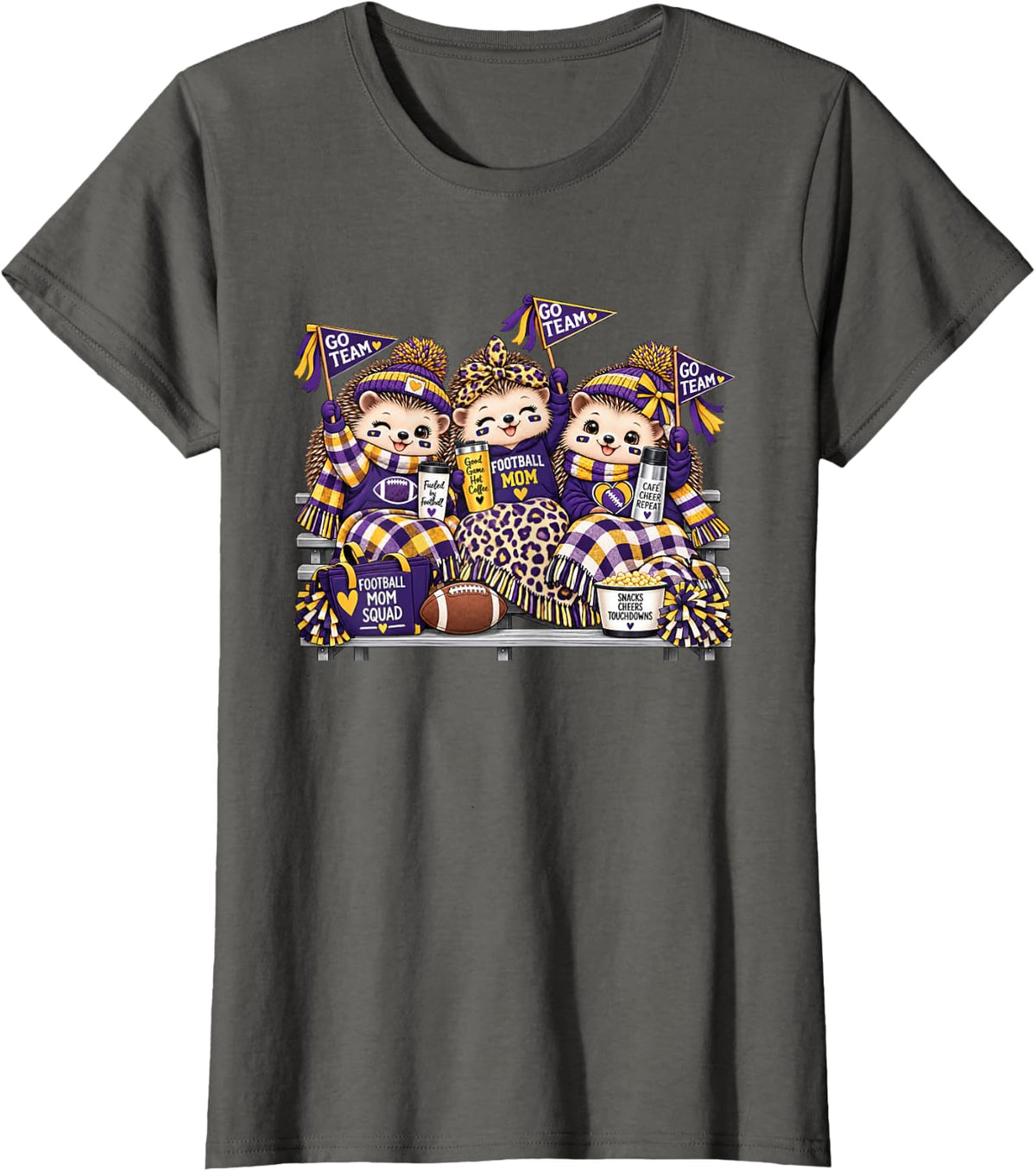 Football Mom Squad Cute Hedgehog Game Day Cheer Purple Gold T-Shirt - Asphalt Grey