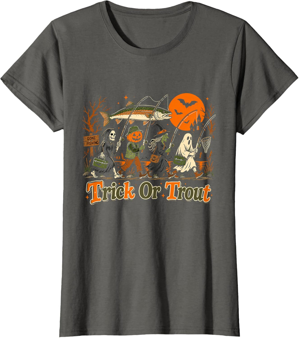Halloween Trick or Trout Fish Ghost Pumpkin Skeleton Mummy T-Shirt - Asphalt Grey