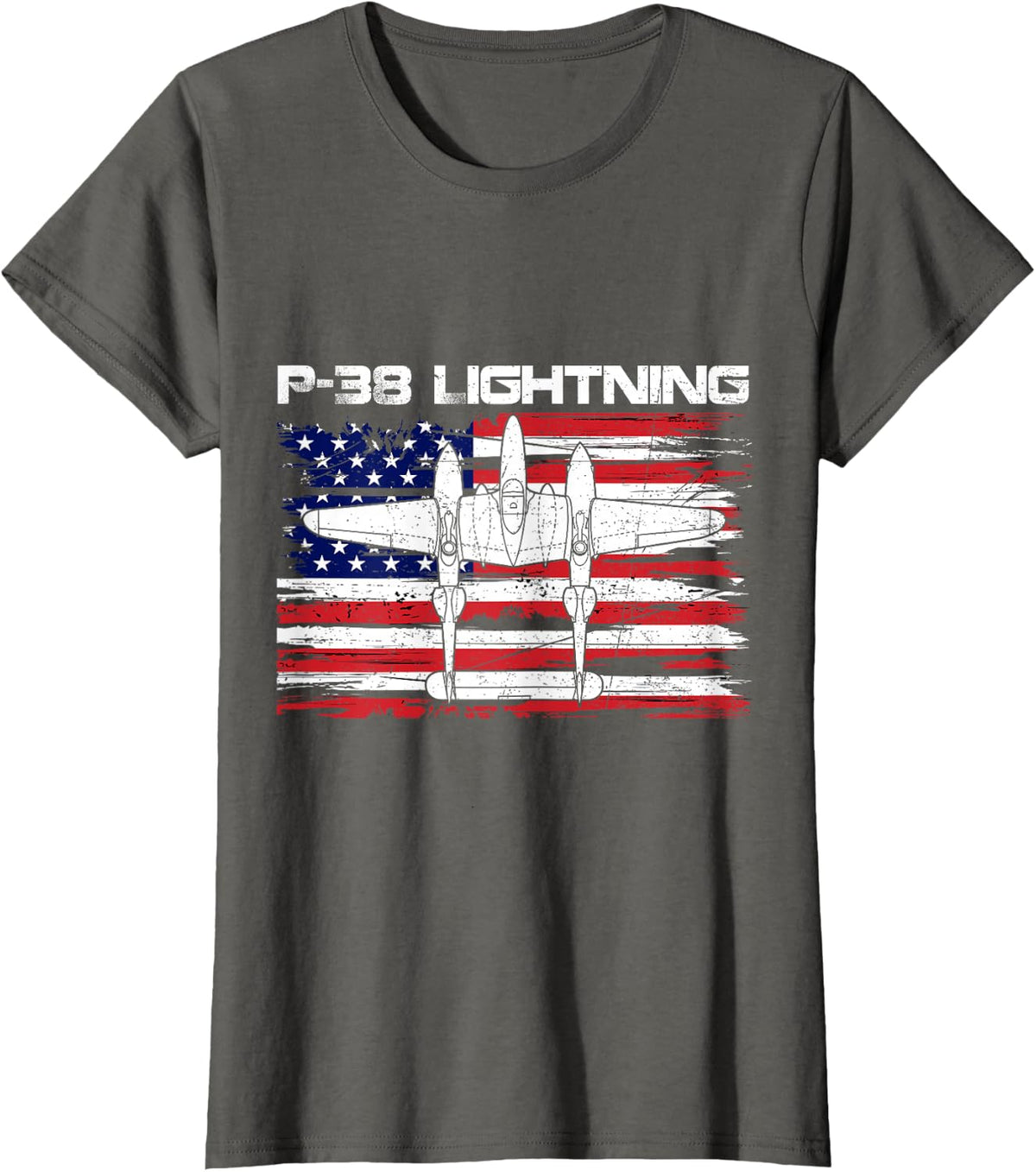 WW2 Aircraft Fighter P-38 Lightning Flag USA American T-Shirt - Asphalt Grey