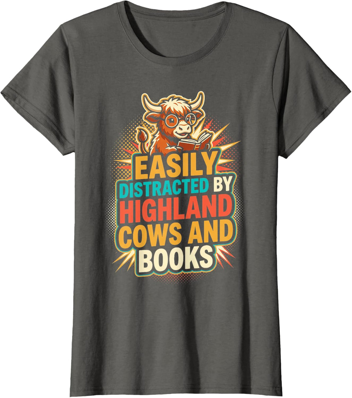 Easily Distracted By Highland Cows and Books Scottish T-Shirt - Asphalt Grey