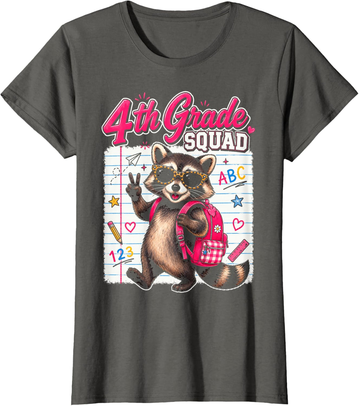 4th Grade Squad Cute Raccoon First Day of School Kids Girls T-Shirt - Asphalt Grey