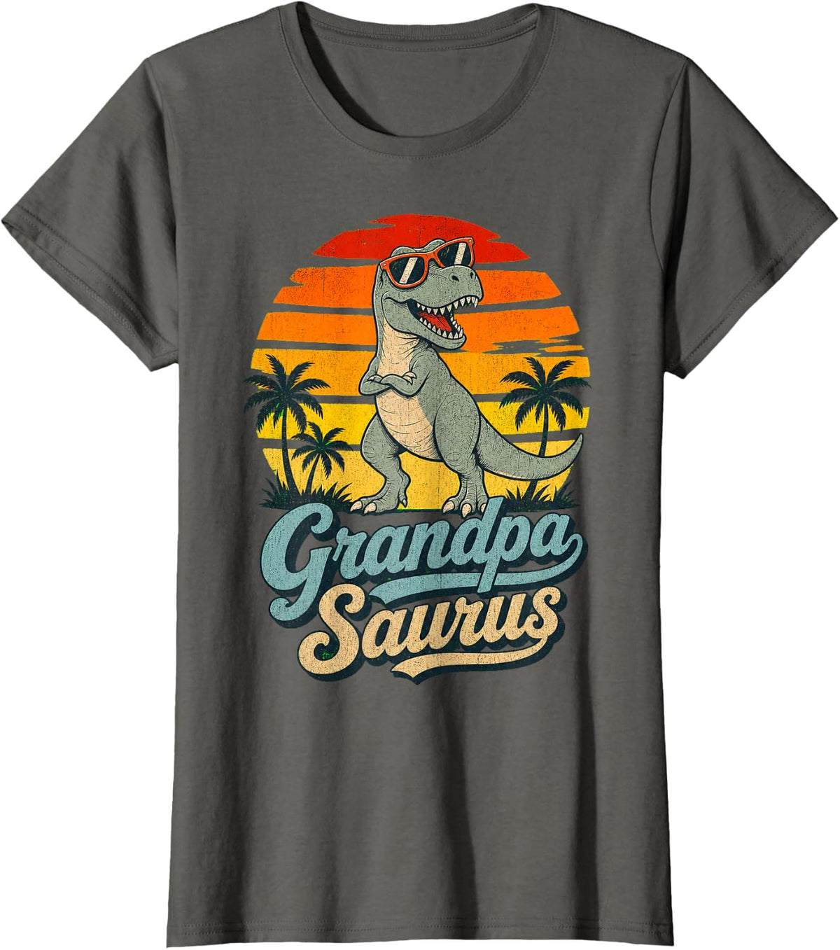 Playful T-Rex Dinosaur Retro Sunset Design T-Shirt - Asphalt Grey