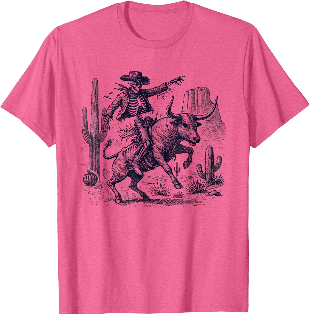 Rodeo Western Skeleton Cowboy Bull Riding T-Shirt - Pink Heather