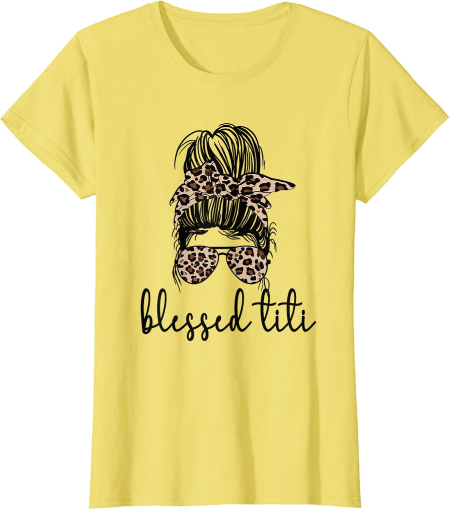 Blessed Titi Aunt Messy Bun Titi Auntie Mother's Day T-Shirt - Lemon Yellow