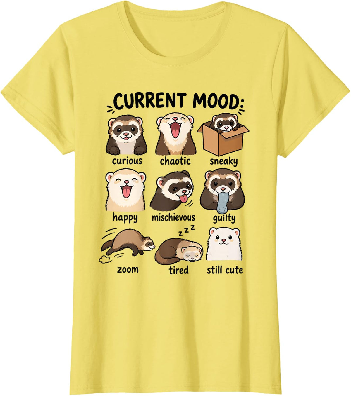 Current Mood Ferret Emotions Chart Cute Pet Illustration T-Shirt - Lemon Yellow