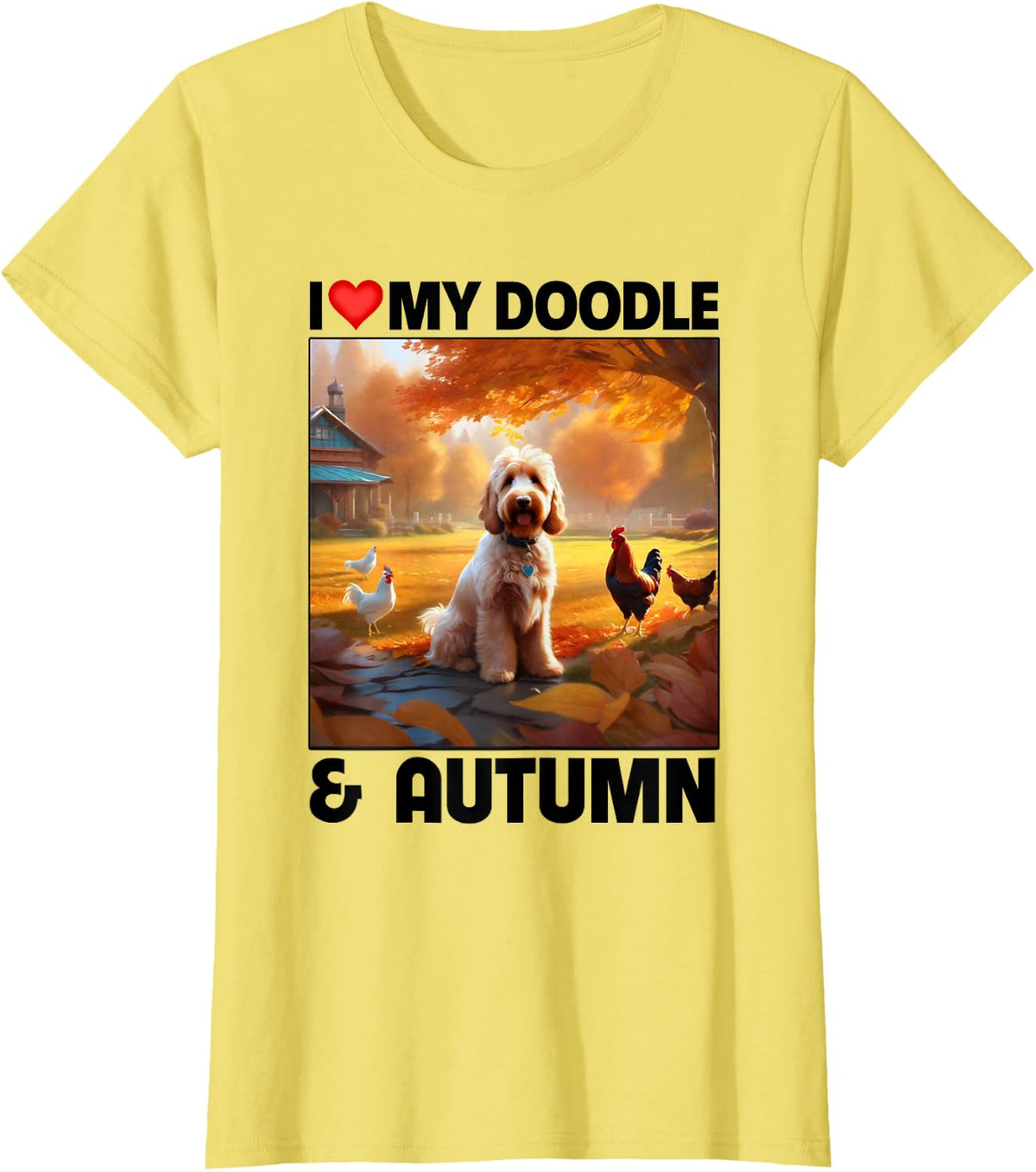 I Love My Golden Doodle and Autumn Fall Leaves Pumpkin Dog T-Shirt for Men Women - Lemon Yellow
