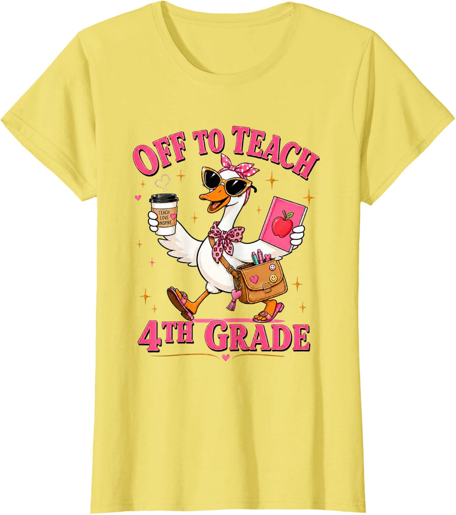 Off to Teach 4th Grade Teacher T-Shirt Funny Goose Back to School Tee - Lemon Yellow