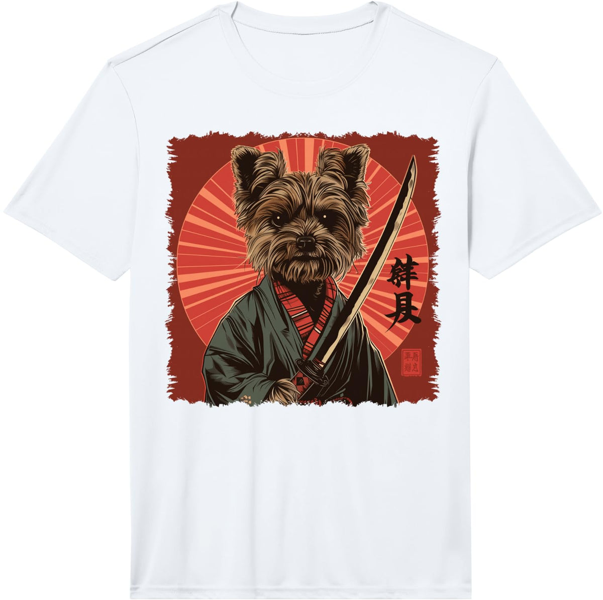 Yorkshire Terrier Yorkie Dog Japanese Art Samurai Ukiyo-e Performance T-Shirt - White
