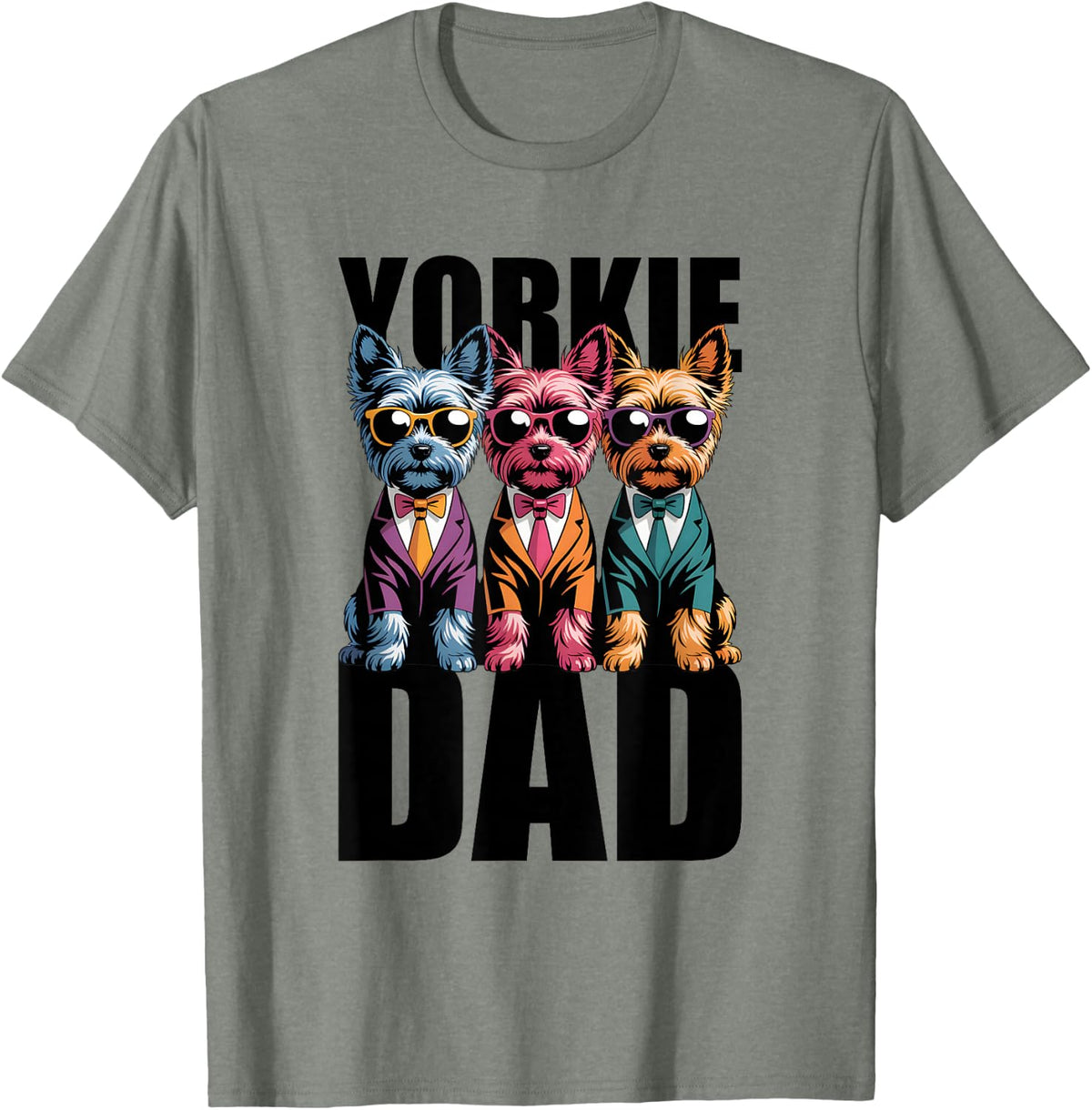 Yorkie Dad Yorkshire Terrier Hipster Sunglasses Pop Art T-Shirt - Olive Heather