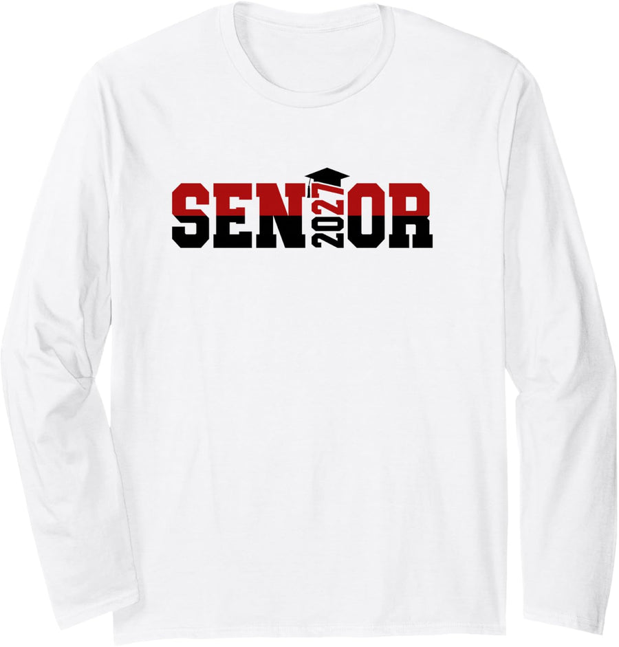 Senior 2027 - School Graduation Cap Student Long Sleeve T-Shirt - Adult Unisex White