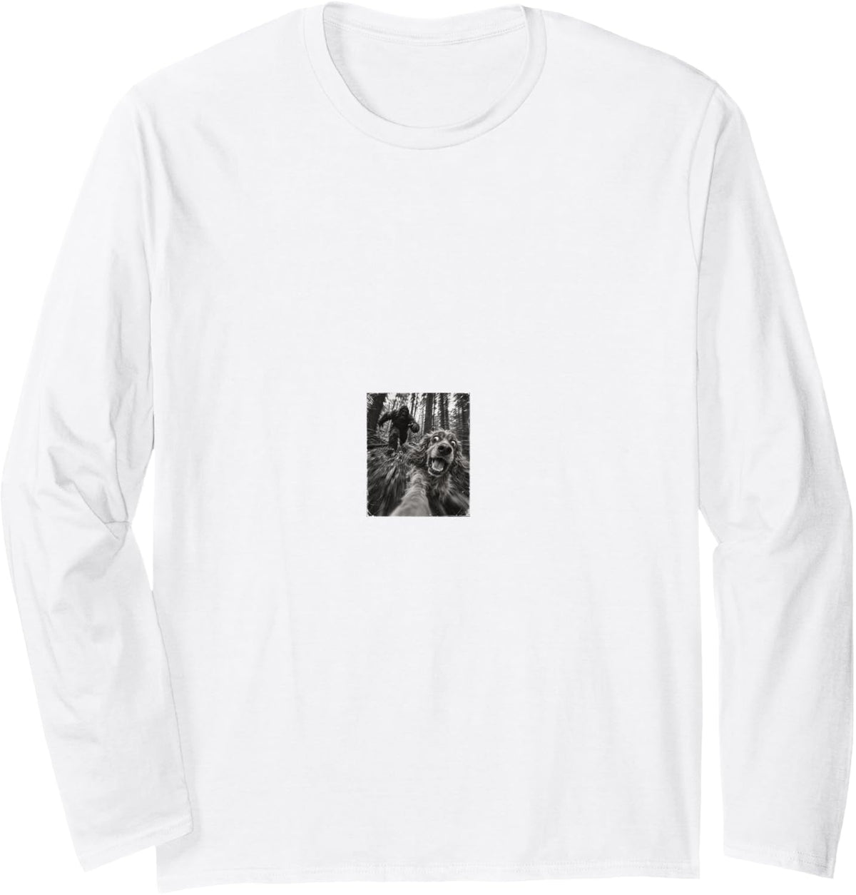 Vintage Bigfoot Running After Cocker Spaniel Selfie Animal Long Sleeve T-Shirt - Adult Unisex White