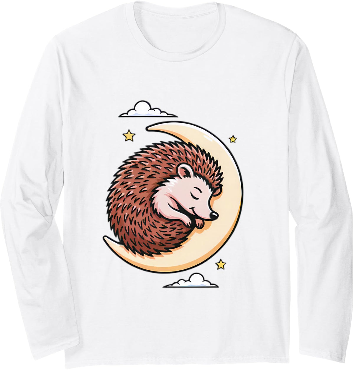 Sleeping Hedgehog Moonlit Starry Moon Clouds Animal Lover Long Sleeve T-Shirt - Adult Unisex White