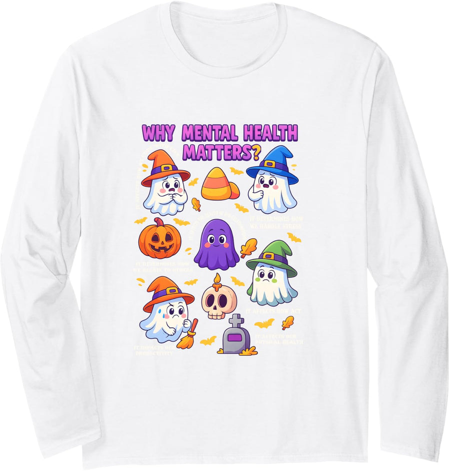 Mental Health Ghost Halloween Therapist School Psychologist Long Sleeve T-Shirt - Adult Unisex White