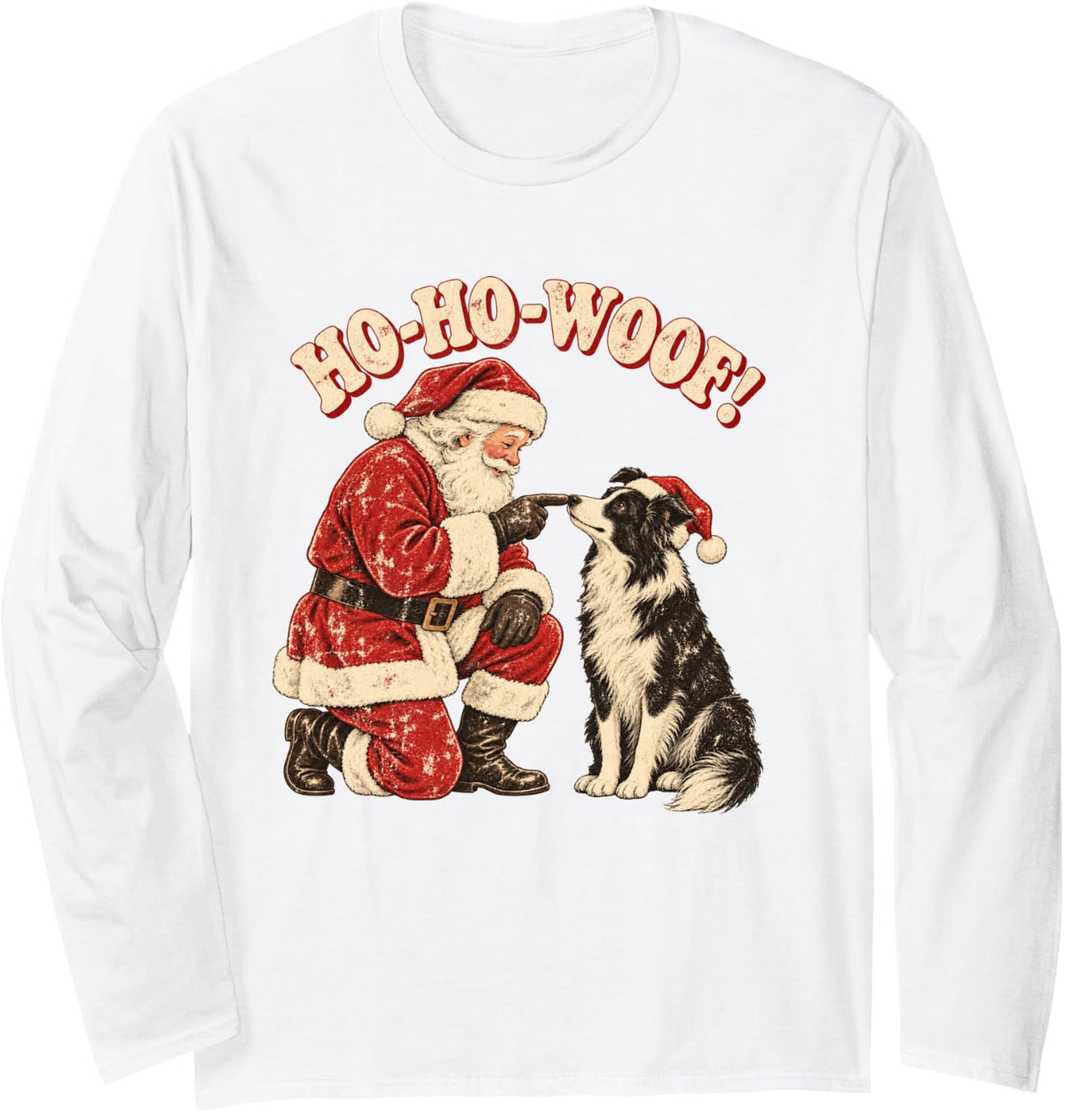 Santa Border Collie Retro Christmas Dog Ho Ho Woof Long Sleeve T-Shirt - Adult Unisex White