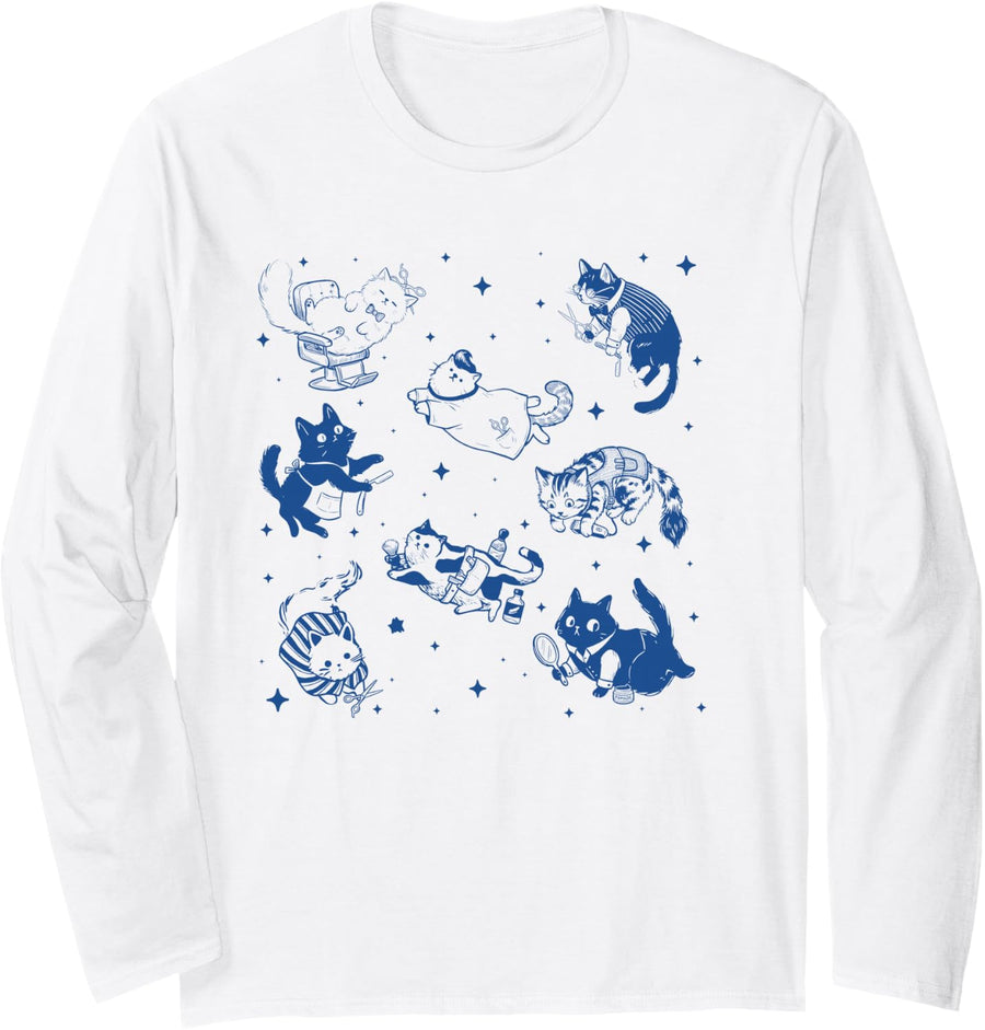 Retro Cute Cat Hairstylist Hairdresser Cosmetologist Barber Long Sleeve T-Shirt - Adult Unisex White