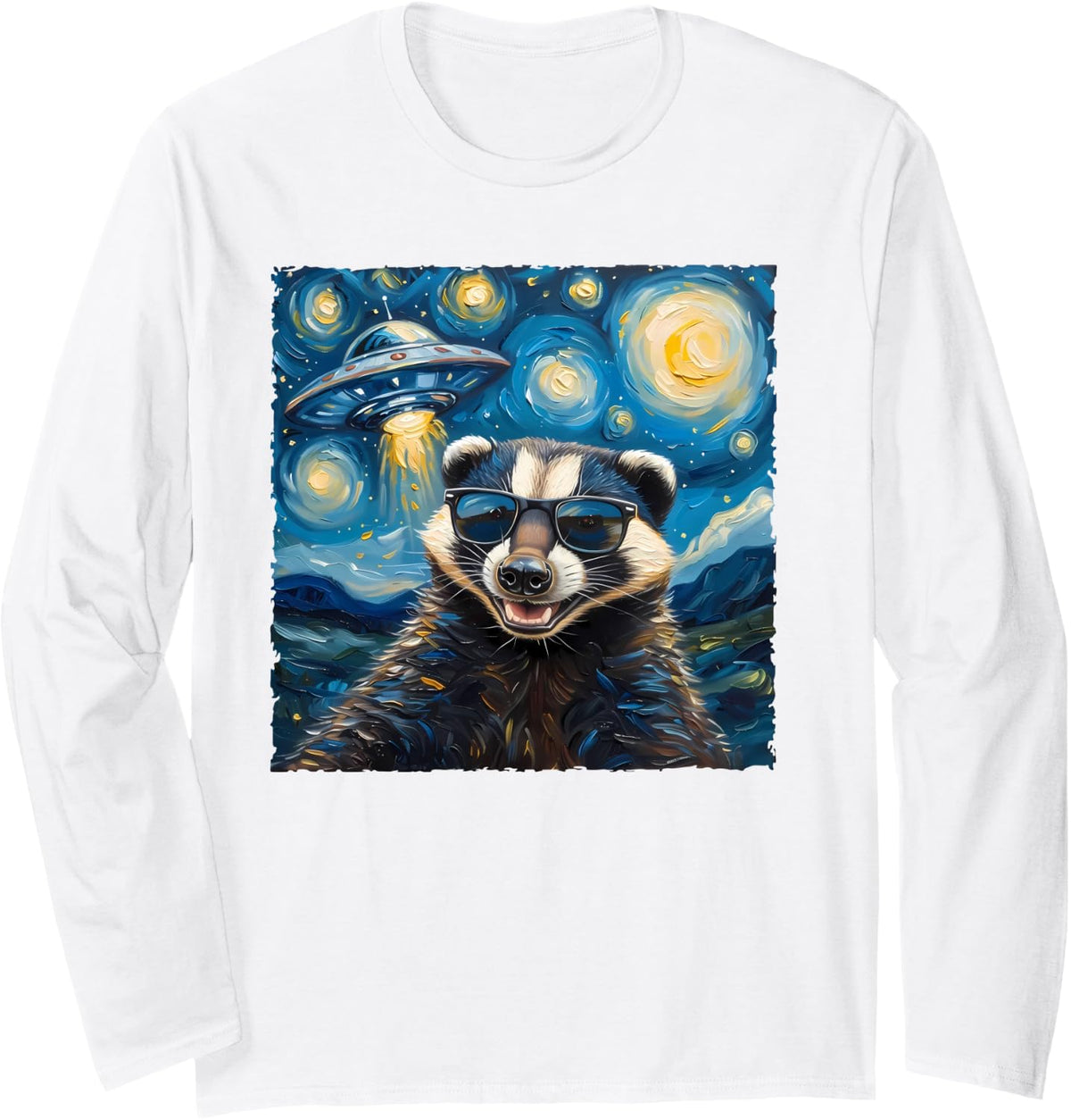 Honey Badger Van Gogh Style Starry Night Alien UFO Sci-Fi Long Sleeve T-Shirt - Adult Unisex White