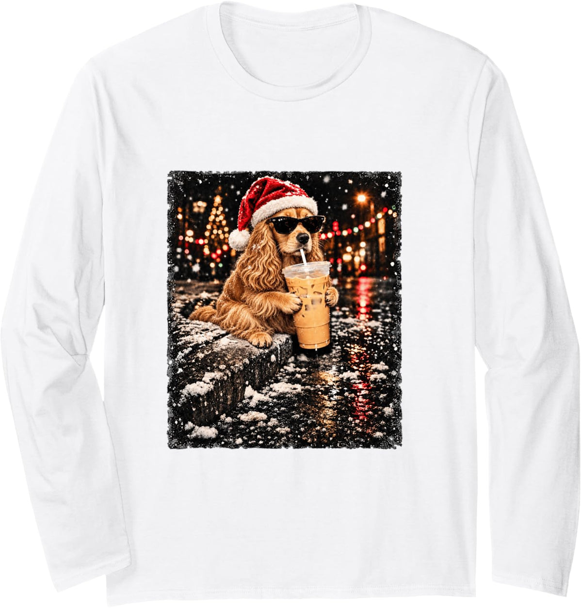 Funny Cocker Spaniel Drinking Iced Coffee Christmas Meme Long Sleeve T-Shirt - Adult Unisex White