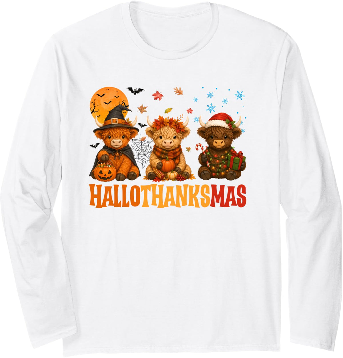 Hallothanksmas Highland Cow Halloween Thanksgiving Christmas Long Sleeve T-Shirt - Adult Unisex White