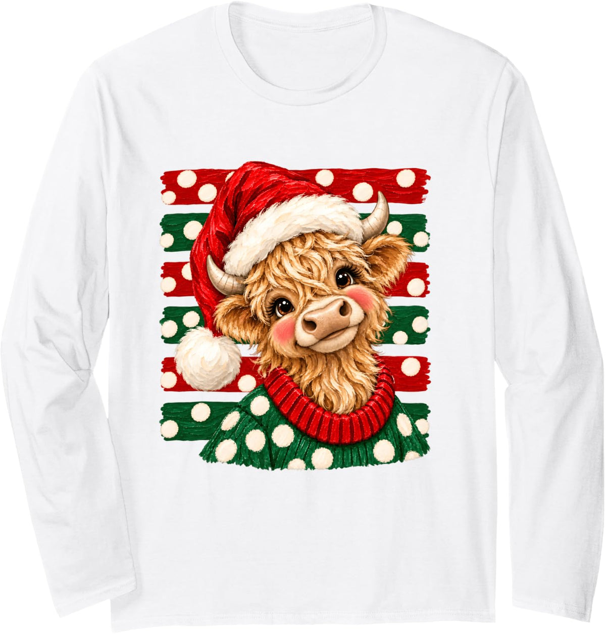 Merry Christmas Highland Cow Santa Hat Holiday Cow Lover Long Sleeve T-Shirt - Adult Unisex White