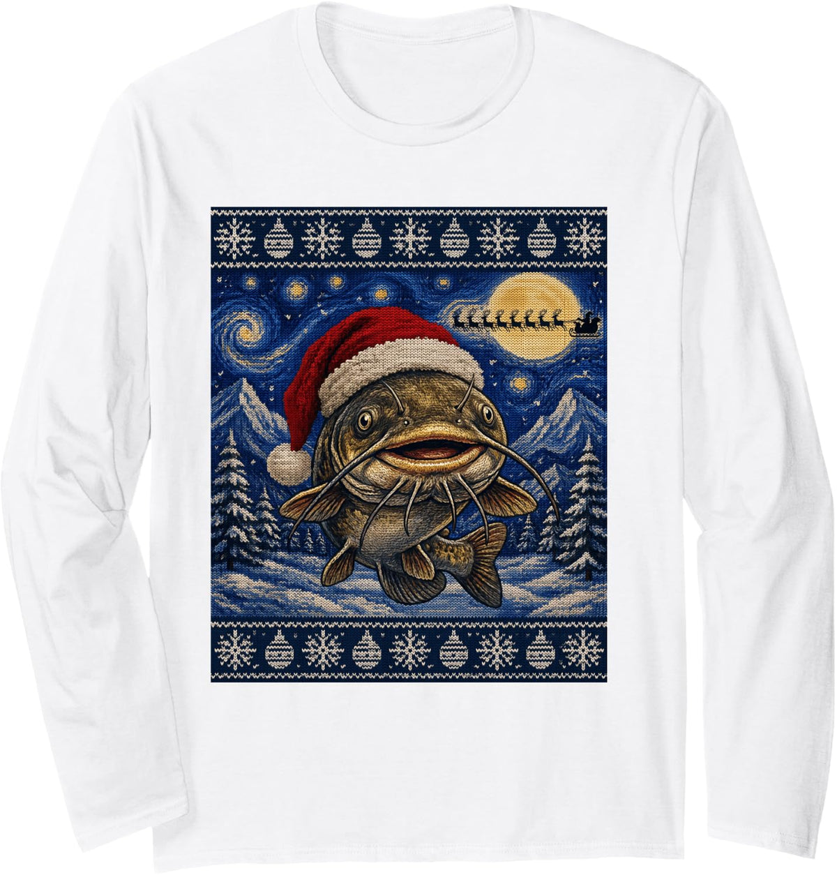 Catfish Fish Santa Ugly Christmas Long Sleeve T-Shirt - Adult Unisex White