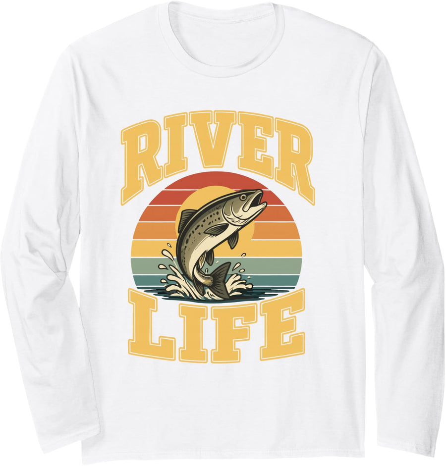 River Fishing Freshwater Angler Vintage Fisherman Long Sleeve T-Shirt - Adult Unisex White