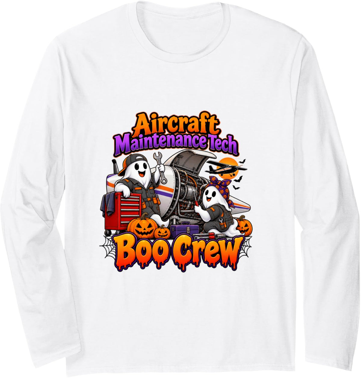 Aircraft Maintenance Tech Boo Crew Halloween Ghost Long Sleeve T-Shirt - Adult Unisex White