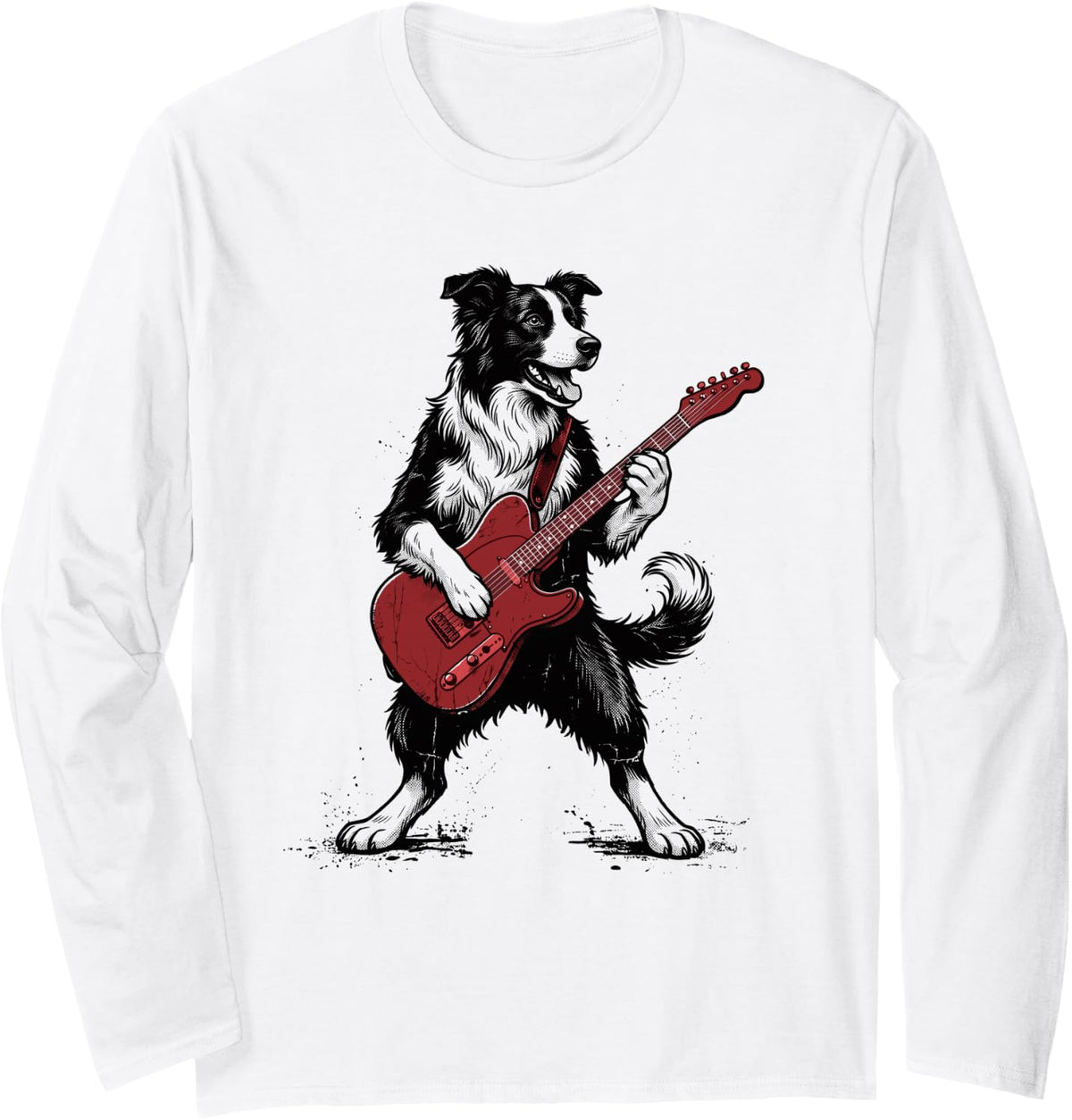 Border Collie Playing Guitar Long Sleeve T-Shirt - Adult Unisex White
