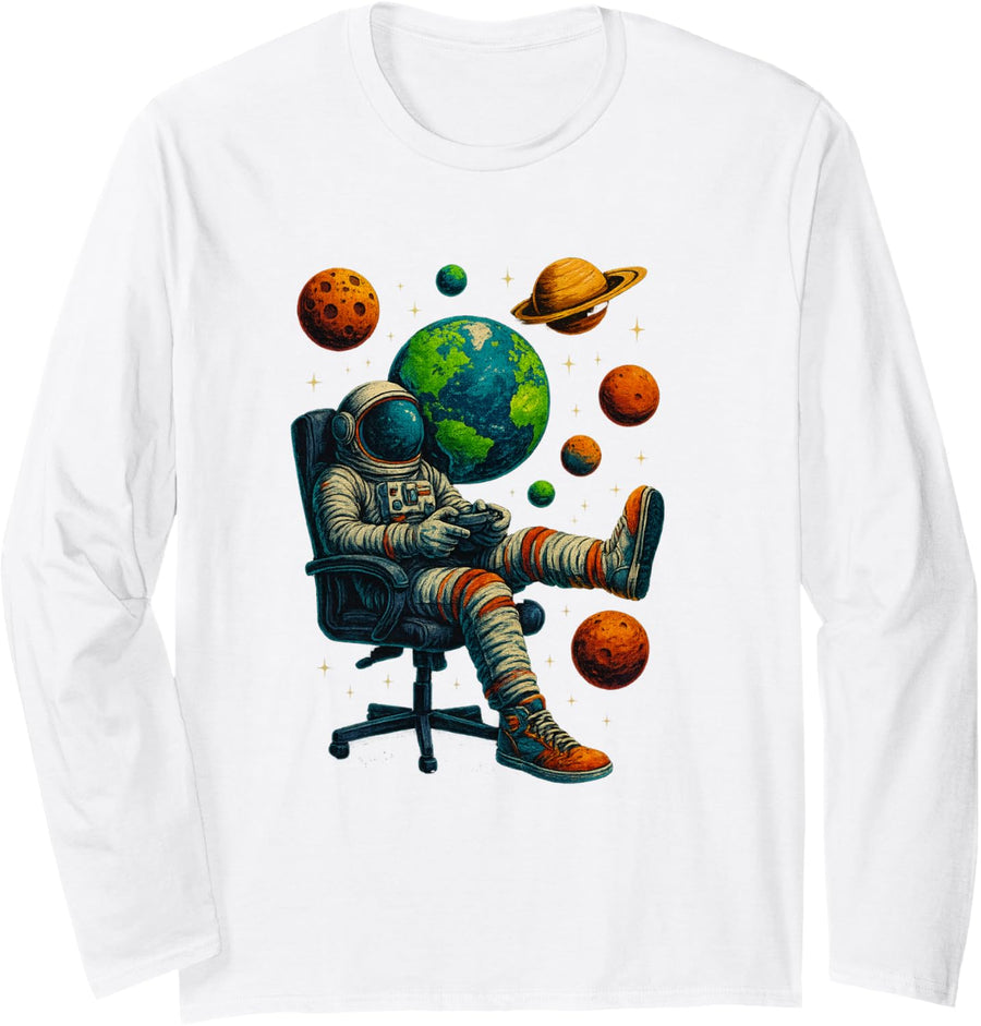 Astronaut Gamer Space Gaming System Planets Long Sleeve T-Shirt - Adult Unisex White